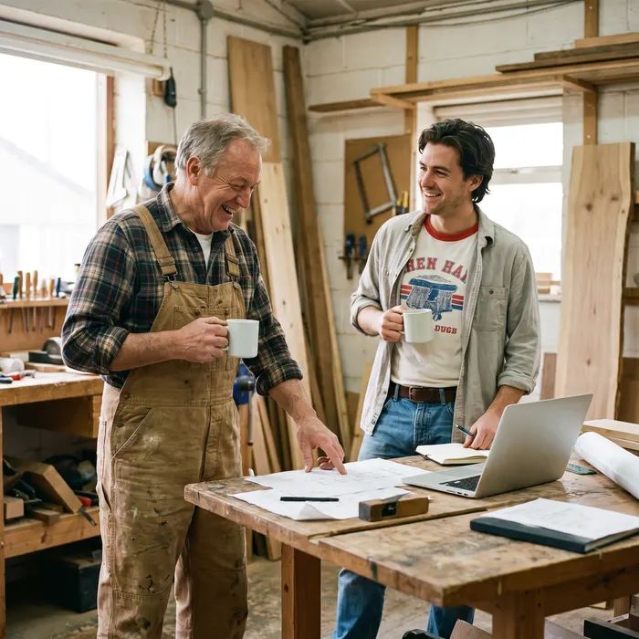 Gespräch im Betrieb zwischen zwei Handwerkern am Werkstatttisch